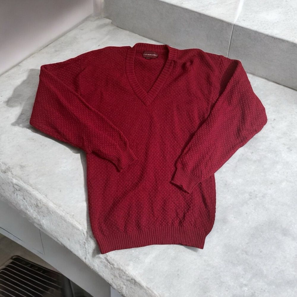 Chaps Ralph Lauren Vintage Red Long Sleeve Mini Waffle Knit Sweater LARGE